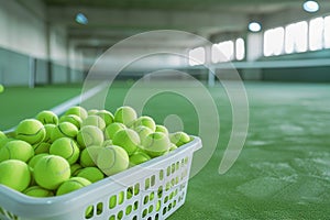 Basket of tennis balls on green synthetic grass indoor tennis court