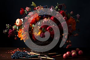 A basket tipped precariously on its side, spilling out an avalanche of red and black fruits, colored pencils, blooming flowers in