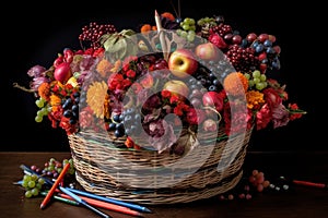A basket tipped precariously on its side, spilling out an avalanche of red and black fruits, colored pencils ribboned pens in