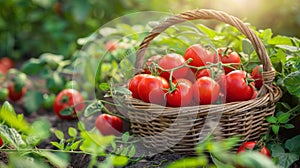 A basket of tomatoes in a garden with leaves and dirt, AI