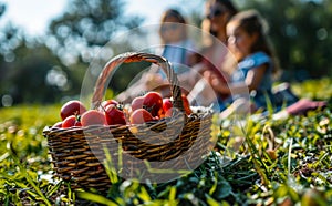 Basket with tomatoes on the grass. Family having a picnic with a basket full of fresh produce
