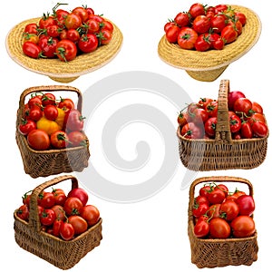 Basket with tomatoes on a white background.