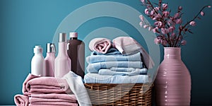 basket of towels, laundry soap and cleaning products with blue background