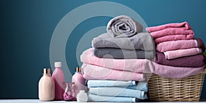 basket of towels, laundry soap and cleaning products with blue background