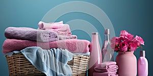 basket of towels, laundry soap and cleaning products with blue background