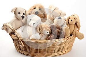 a basket of toys, including squeaky and furry ones, for a beloved pet