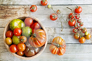 Basket with a variety of tomatoes: Cherry, Heirloom and Zebra