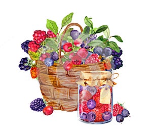 Basket with various berries, glass can or jar with jam, marmalade, confiture. Watercolor food illustration - blueberry