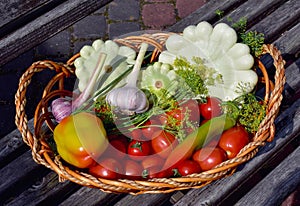 Basket with vegetables on the bench.