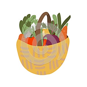 Basket with vegetables. Mesh eco bag full of vegetables isolated on white background. Modern shopper with fresh organic food from