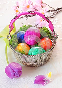 Basket Of Vibrant Marbled Easter Eggs