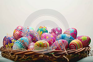 Basket of vibrant patterned Easter eggs on white background, banner