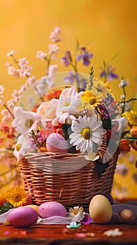 Basket of vibrant patterned Easter eggs on white background, banner