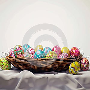 Basket of vibrant patterned Easter eggs on white background, banner