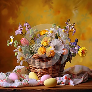 Basket of vibrant patterned Easter eggs on white background, banner