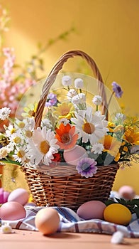Basket of vibrant patterned Easter eggs on white background, banner