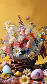 Basket of vibrant patterned Easter eggs on white background, banner