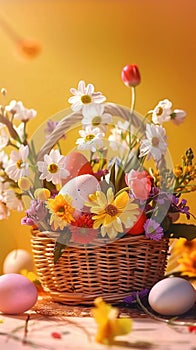 Basket of vibrant patterned Easter eggs on white background, banner