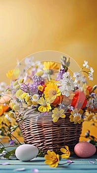 Basket of vibrant patterned Easter eggs on white background, banner
