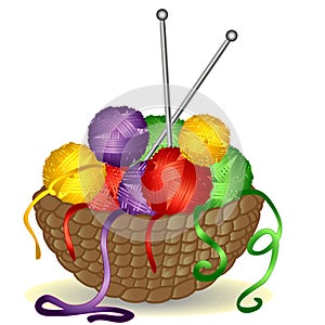 vines with a handle full of coats of multicolored yarn, thread, knitting needles
