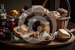 basket of warm breads with a variety of toppings, including butter and jams