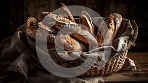 A basket of warm crusty baguettes with a chewy interior created with Generative AI