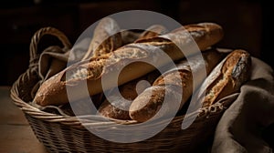 A basket of warm crusty baguettes with a chewy interior created with Generative AI