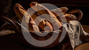 A basket of warm crusty baguettes with a chewy interior created with Generative AI