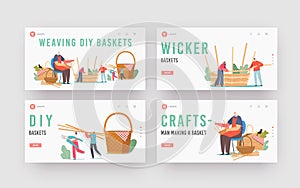 Basket Weaving Diy Landing Page Template Set. Senior Male Character Make Wicker Pannier of Natural Materials Willow