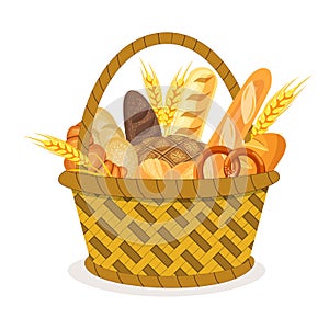 Basket with wheat and fresh bread.