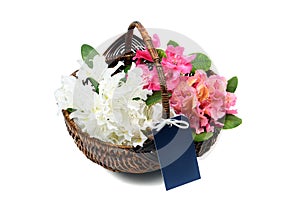 Basket with white and pink rhododendron flower heads and a blue