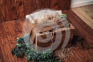 Basket on a wooden floor. Props for newborn photography. Brown basket with dark green branch. Newborn photography backdrop