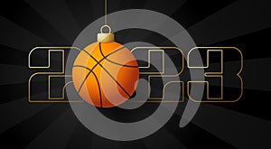 Basketball 2023 Happy New Year. Sports greeting card with golden basketball ball on the luxury background. Vector illustration