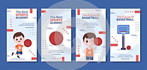 Basketball Academy Kids Social Media Stories Template Cartoon Background Vector Illustration