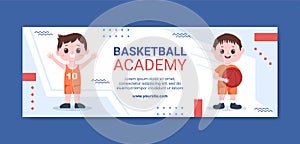 Basketball Academy Kids Social Media Twitch Banner Template Cartoon Background Vector Illustration