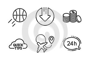 Basketball, Airplane and Banking money icons set. Download arrow, Quick tips and 24h service signs. Vector