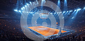 Basketball arena with vibrant lighting and a central court view, sport fans sitting on fan zone. Before game.