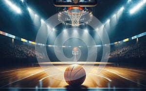 Basketball arena with wooden floor, lights reflectors, and tribune over blurred lights background. Classic Orange