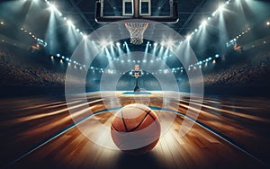 Basketball arena with wooden floor, lights reflectors, and tribune over blurred lights background. Classic Orange