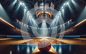 Basketball arena with wooden floor, lights reflectors, and tribune over blurred lights background. Classic Orange