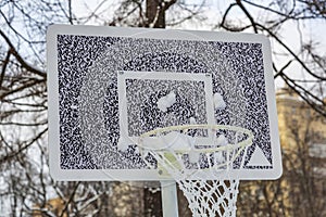 Basketball backboard and basket in snowy winter park