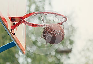 Basketball backboards with a ball in the basket in the summer on city playground