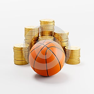 Basketball Ball ahead of Stacks of Coins on Light Gray Background