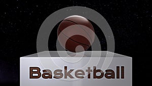 Basketball ball arrives on a white base - Game of light, blue background like stars in the sky