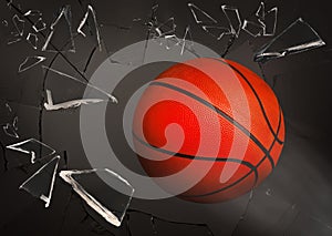 Basketball ball breaking up glass against grey background