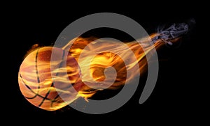 Basketball ball with bright flame on black background. Banner design