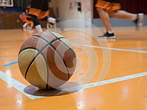 Basketball ball on court with free throw line