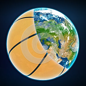 Basketball ball cover the planet earth. sports