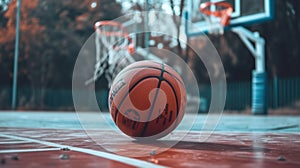 Basketball ball entered in the basket touching the net. Playing in the street on outdoor court, close up