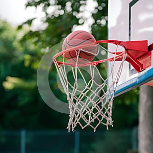 Basketball ball falling into hoop at outdoor court, sporty action